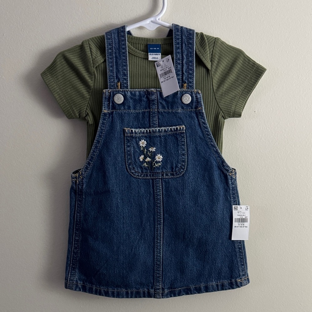 Old Navy Olive Ribbed Tee with Blue Denim Embroidered Pinafore Set